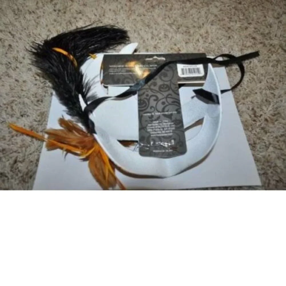 Masquerade Mask Halloween Mardi Gras White & Orange Feather Bird Ceramic Party